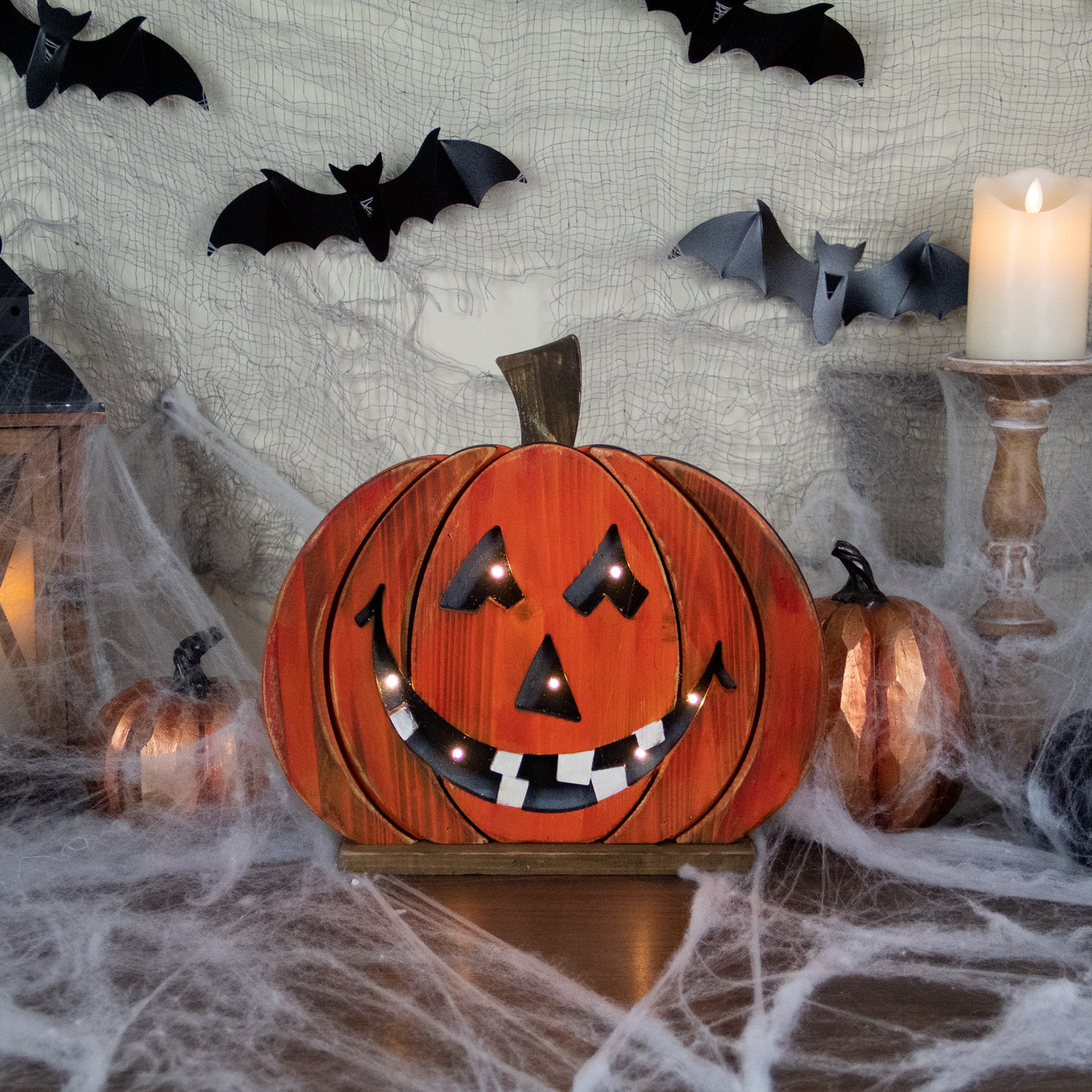 13" LED Lighted Jack-O-Lantern Wooden Halloween Decoration